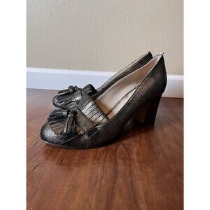 Boden Pippa Block Heeled Loafers Size 40 US 9 Gold Metallic Leather Tassels